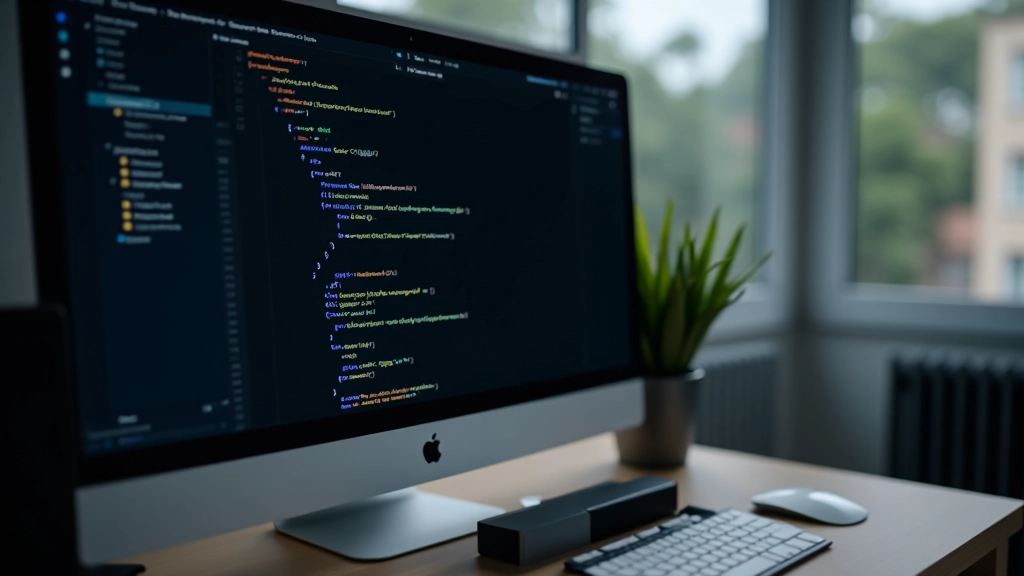 Modern developer workspace with code editor displaying CSS Grid syntax with clean typography and syntax highlighting