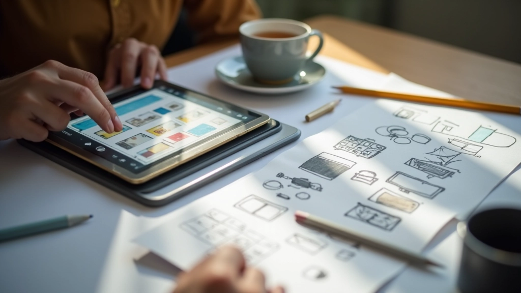 Designer's workspace with tablet showing Flexbox component layout with nested grid elements and color hierarchy