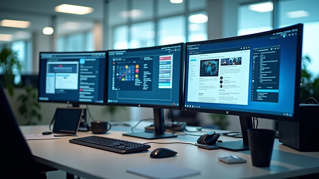 Modern workspace with CSS Grid layout systems displayed on multiple monitors in Hong Kong design studio