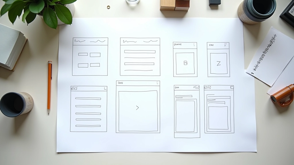 Designer reviewing CSS Grid layout on whiteboard with sketches and notes spread across large wooden table